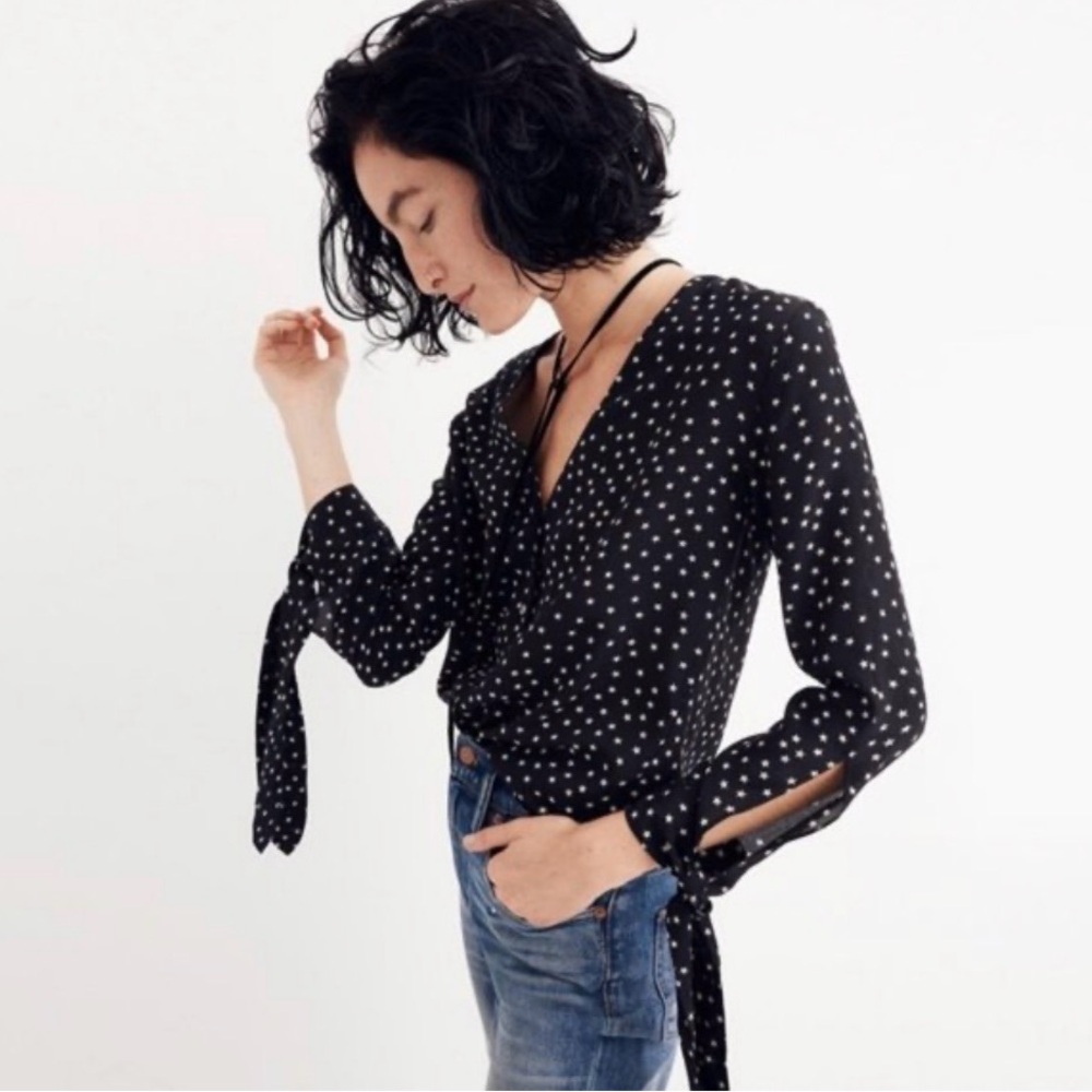 Madewell Black and White Star Print Silk Blouse S EUC - Picture 2 of 10